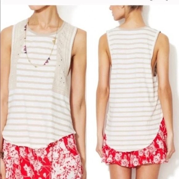 Free People Embroidered tan and white stripped Mirror Tank Top - Picture 1 of 8